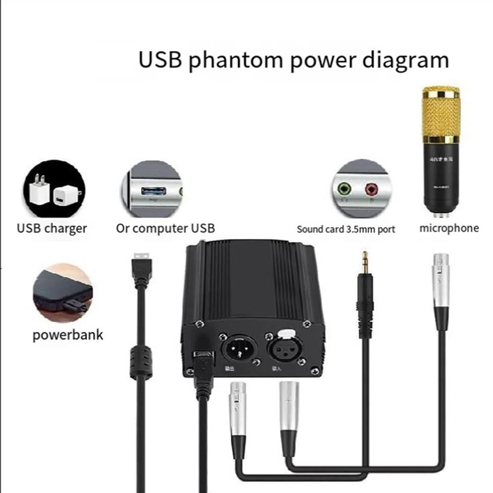 Fuente de alimentación Phantom de 1 canal de 48 V con cable de micrófono XLR de 3 para micrófono de condensador, fuente de alimentación