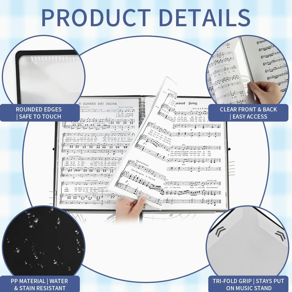 Carpeta de Partituras Musicales 20 Hojas/40 Páginas Carpetade Anillas para Partituras Negra Presentación A4 Carpeta Espiral para Notas de Piano/Guitarra/Violín + 10 Clips de Notas Musicales