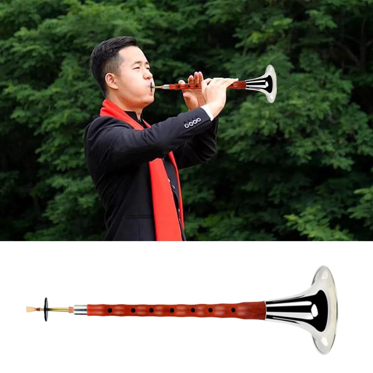 Luckxing Instrumento Chino Suona - Instrumento Viento folclórico Chino Fuerte Hecho a Mano para niños Adultos Principiantes Estudiantes música - Tono Alto Timbre único Ébano Caoba