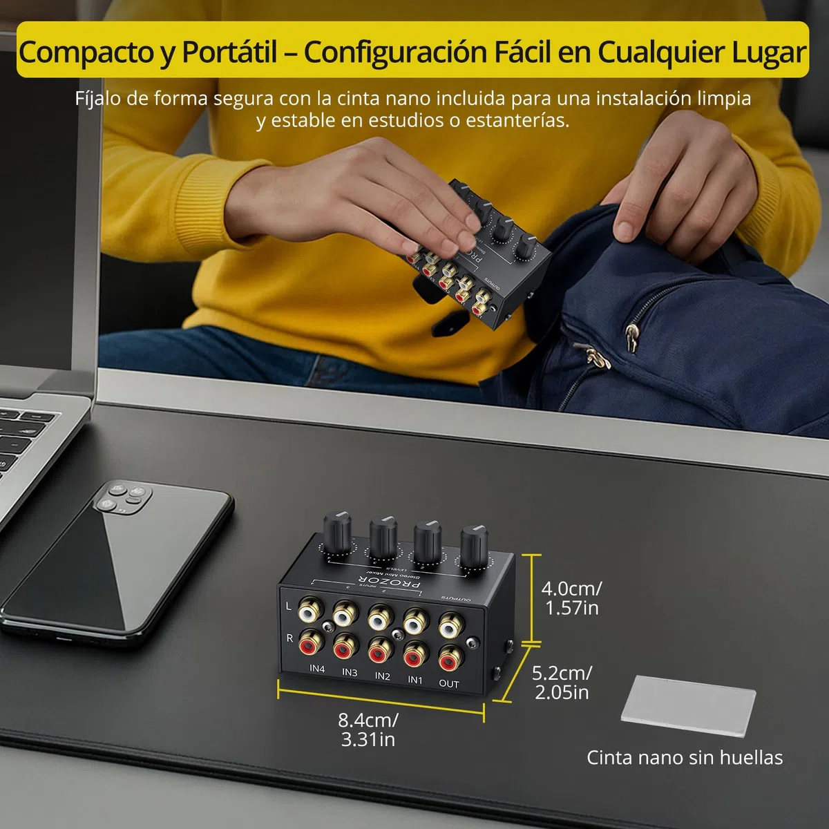 PROZOR Mezclador de Audio Estéreo Pasivo Mini 4 Canales RCA - Mezclador Compacto sin Fuente para DJ y Home Studio, Control de Volumen Independiente, Conexión Dorada, Diseño Portátil y Metal Duradero