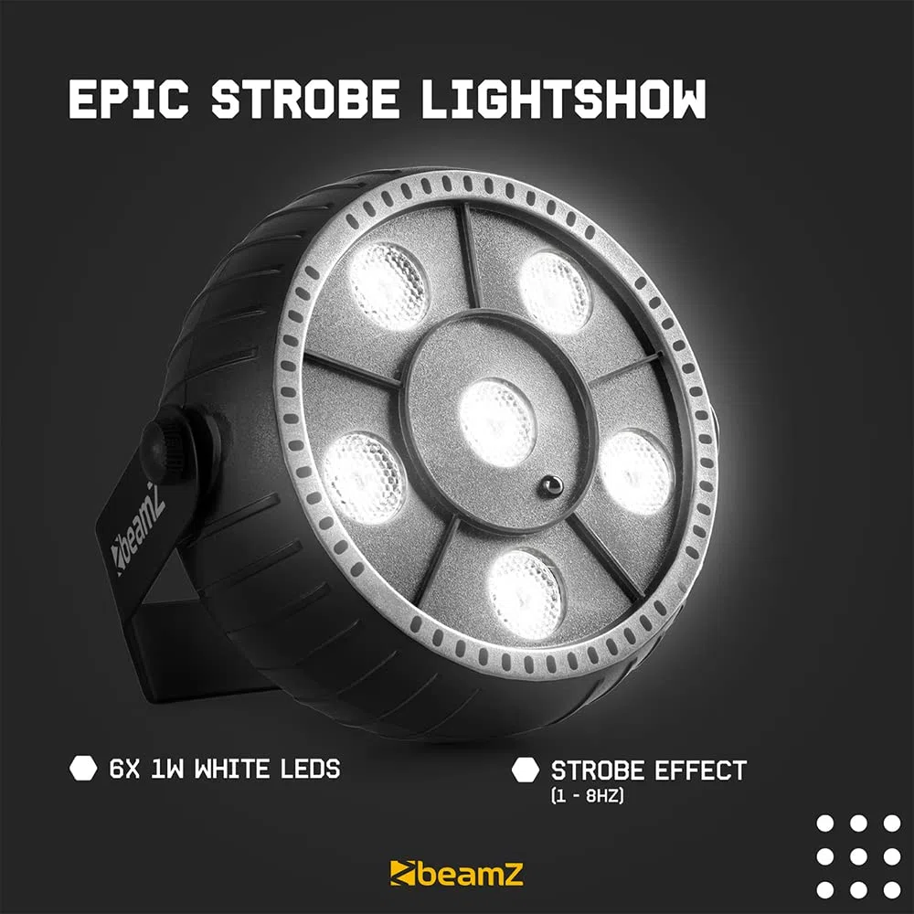 BeamZ PLP12 Foco Par con 6 leds de 1 W blancos, funciona con batería interna que se recarga vía USB, carcasa ligera construida en ABS, ángulo de HAZ 55º, modo automático o manual